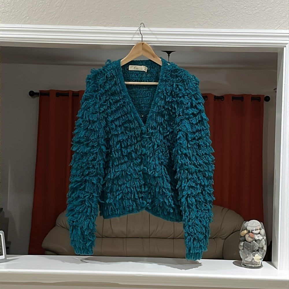 Vintage Cee Michelle Of California Fringe Teal Button Front Blazer Jacket Size S